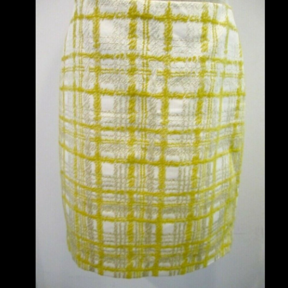 10P Talbots jacquard STUNNING cotton blend YELLOW CREAM textured PLAID skirt 21"
